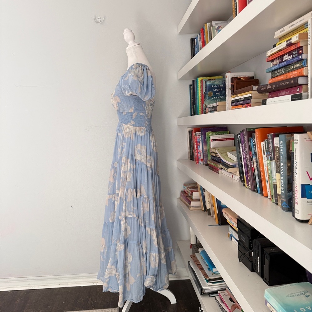 FREE PEOPLE Sundrenched Short Sleeve Maxi Dress blue and white floral Medium - Picture 7 of 14